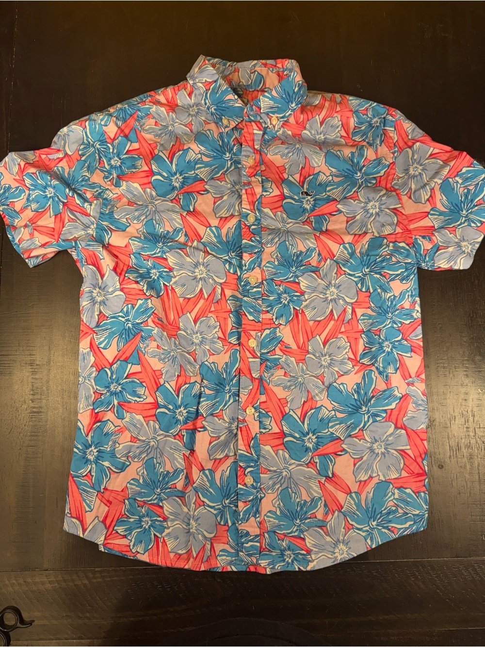 vineyard vines Boys Floral Button Down Shirt Large 16 Short Sleeve Pink Blue